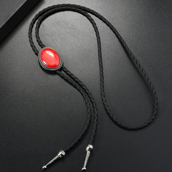 Red and Black Bolo Tie with Silver Accents - Picture 1 of 2